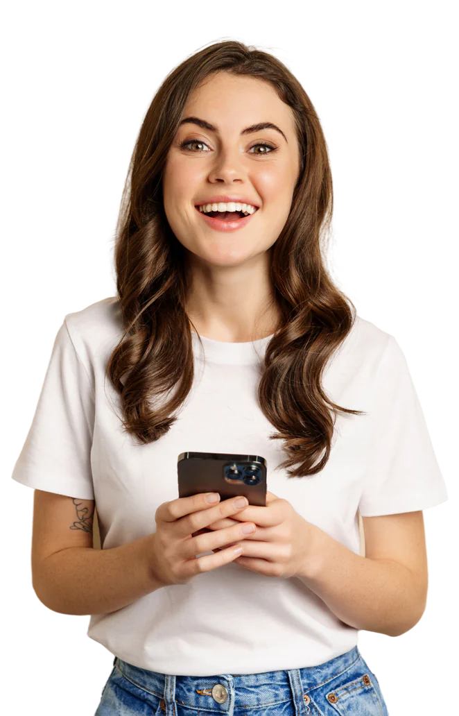 Smiling young woman in a white T-shirt holding a phone