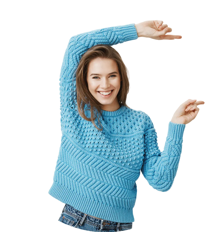 Smiling young woman in a blue knit sweater pointing to the side